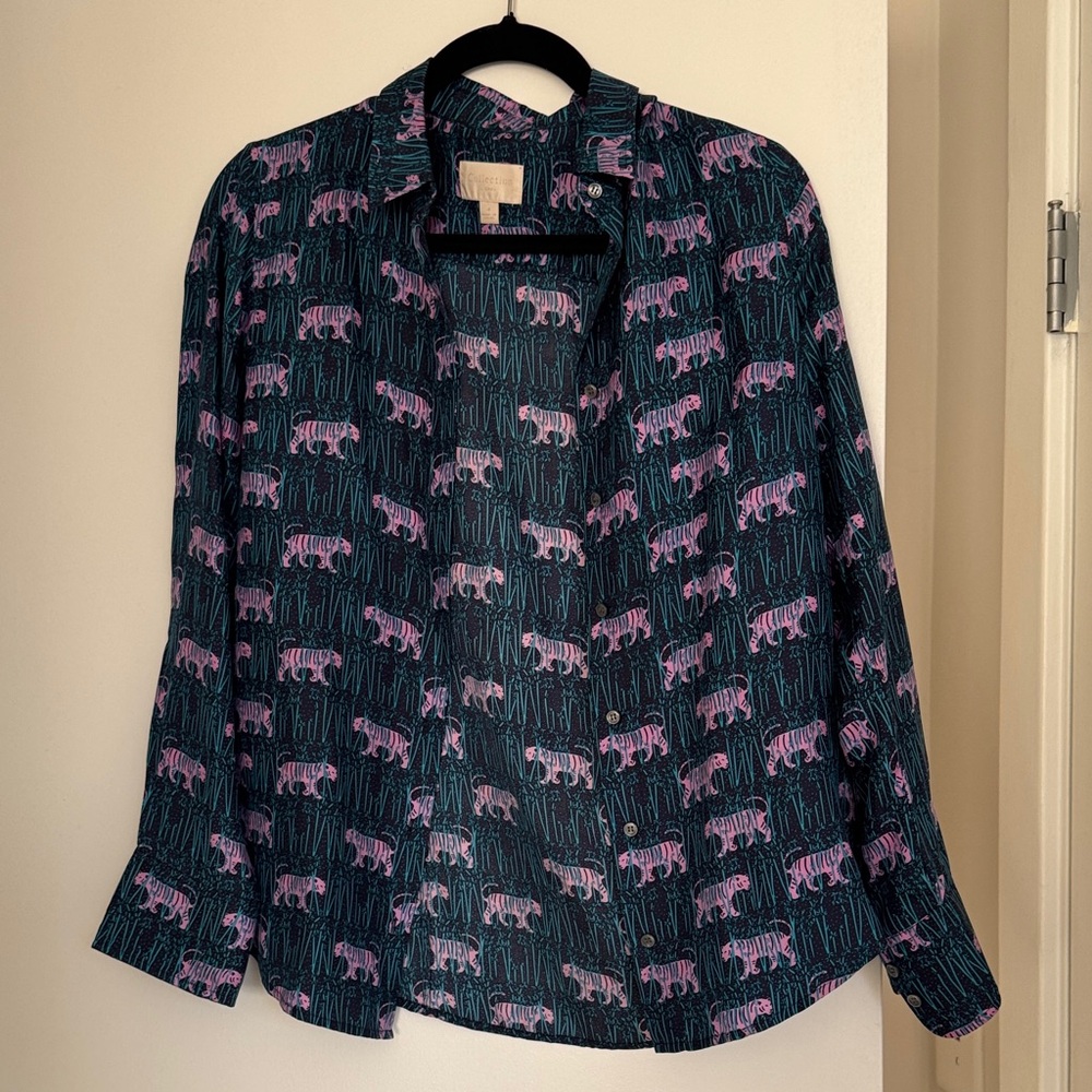 J. Crew Collection Pink and Blue Patterned Shirt 100% silk
